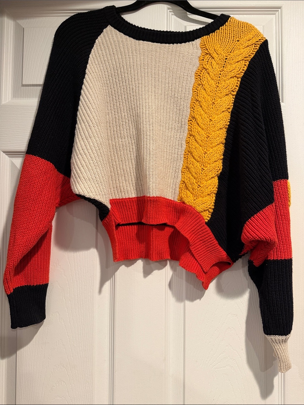 Colorblock Cable-Accent Sweater â Black, Cream, Red & Mustard